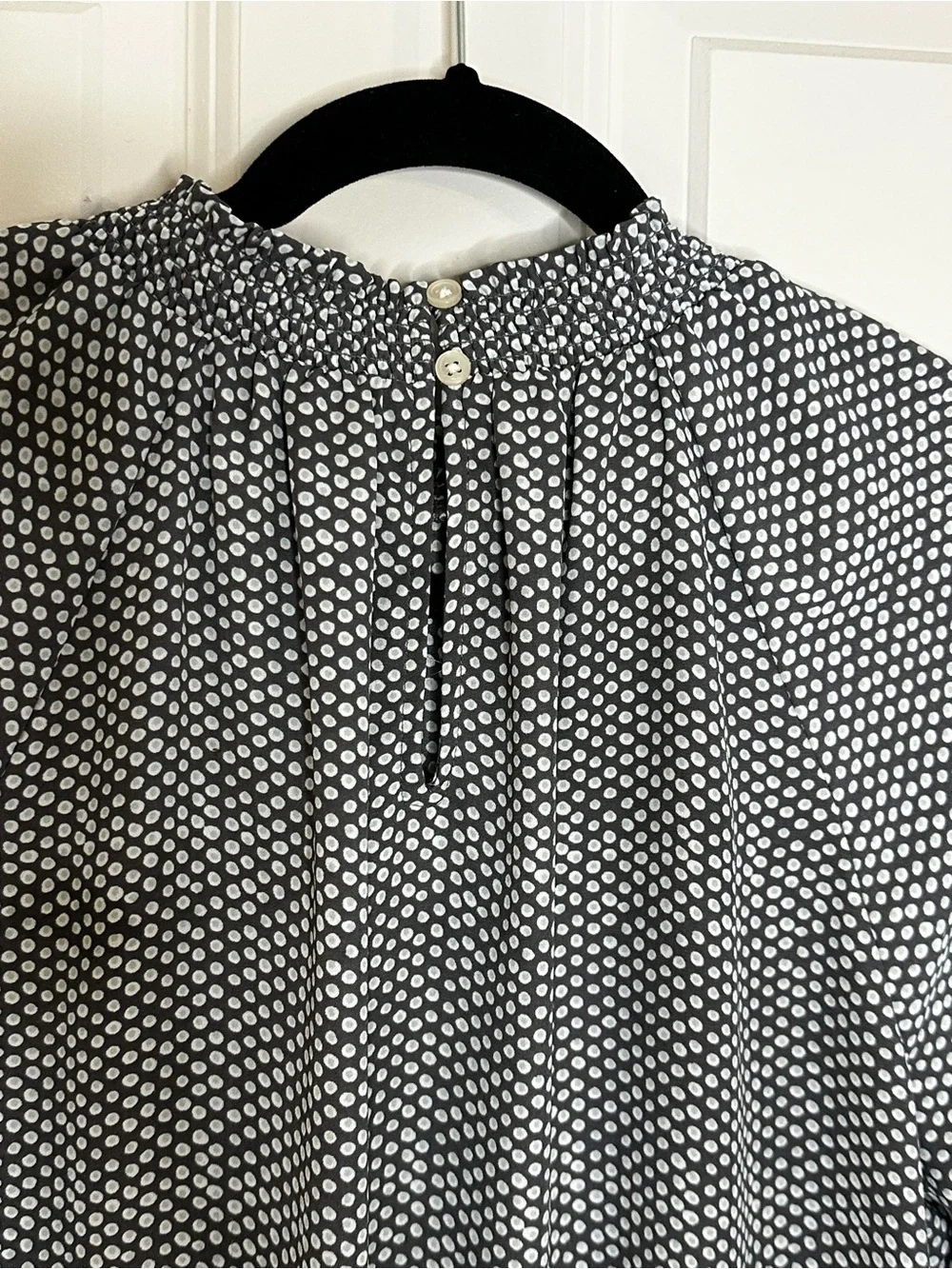 LOFT Sage/Gray Smocked-Neck Printed Blouse